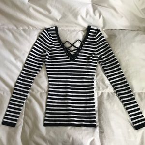 Guess black and white striped long sleeve shirt
